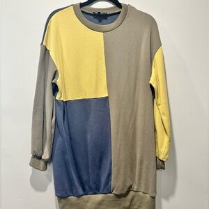 Blue blush color block long sleeve sweatshirt dress navy green yellow small